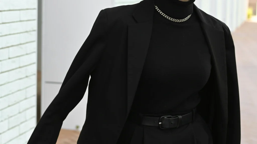 woman black leather belt